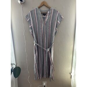 Jones NY Womens Linen Blend Striped Maxi Dress Size 14 V Neck Beachy Modest Belt